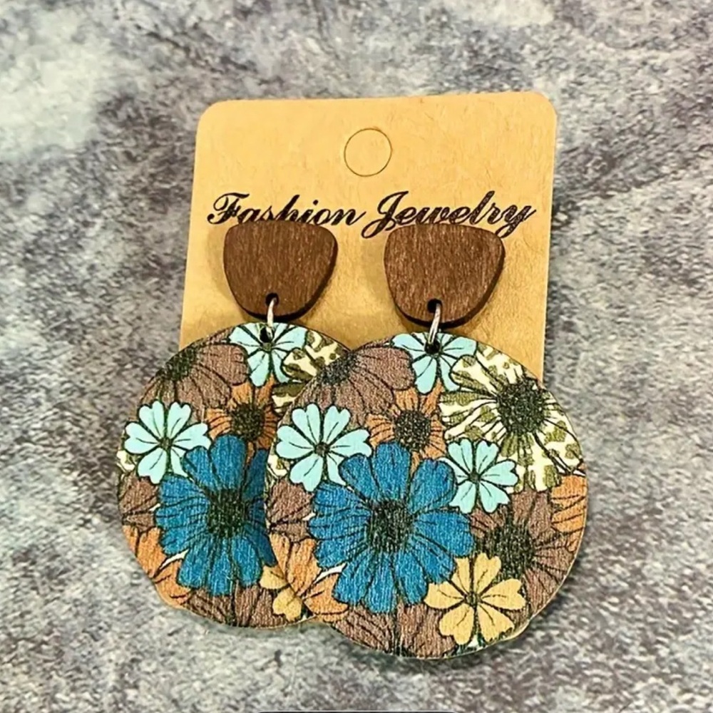 Floral Fashion Jewelry Earrings - Blue and Brown